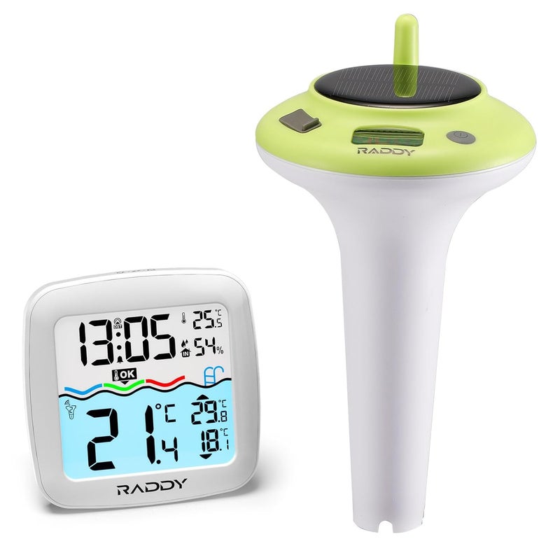 Raddy PT-5 TN Wireless Pool Thermometer Floating Easy Read, IPX8 Waterproof Digital Thermometer with Indoor Temperature Humidity Monitor, Alarm Clock, Solar & Battery Powered for Spa, Pond, Aquarium - Image 1